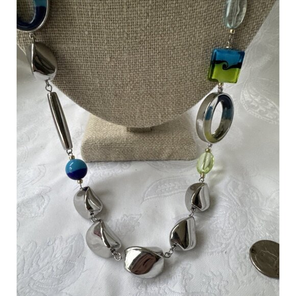 Chicos Blue Green Faux Glass SIlver Tone 18" Long Statement Necklace NEW - Picture 9 of 16